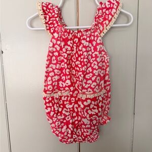 Girls Red & White Leopard-Print Cotton Romper with Lace Trim